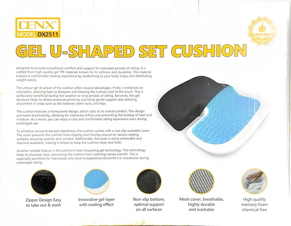 DENX Gel U Shaped Seat Cushion, Memory Foam With Cooling Gel Layer, Breathable Mesh Velvet Cover, Non Slip Base, Ergonomic Support For Office Chair, Car Seat, Gaming Chair, DX2511