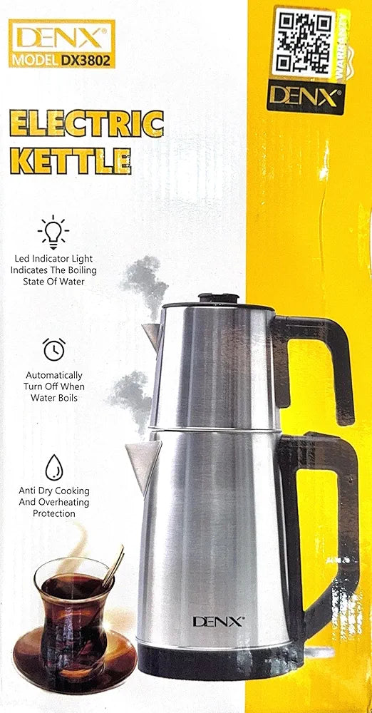 DENX 1500W Stainless Steel Double Electric Kettle 1.8L+1.2L Large & Small Capacity Hot Water Boiler, Tea, Coffee Maker Kettle, Auto Shut Off, Boil Dry Protection, Kitchen & Office Appliance, DX3802