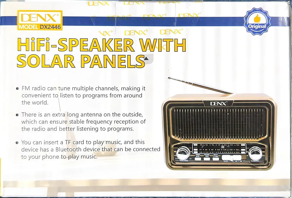 DENX Old Radio Speaker Bluetooth & HIFI-Speaker with Solar Panels, Sd Card, Usb And Aux Port, Radio FM/AM/SW Brown wood Portable Audio TF Card USB Flash disk Aux playback, 