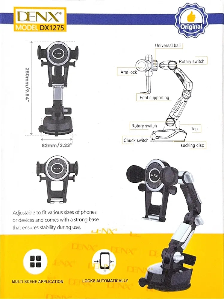 DENX Universal Car Phone Holder Mount, Dashboard Phone Stand, Windshield Mobile Holder, 360° Rotating Long Arm Bracket, Strong Suction Cup, Smartphone Mount for iPhone, Samsung, Android, DX1275