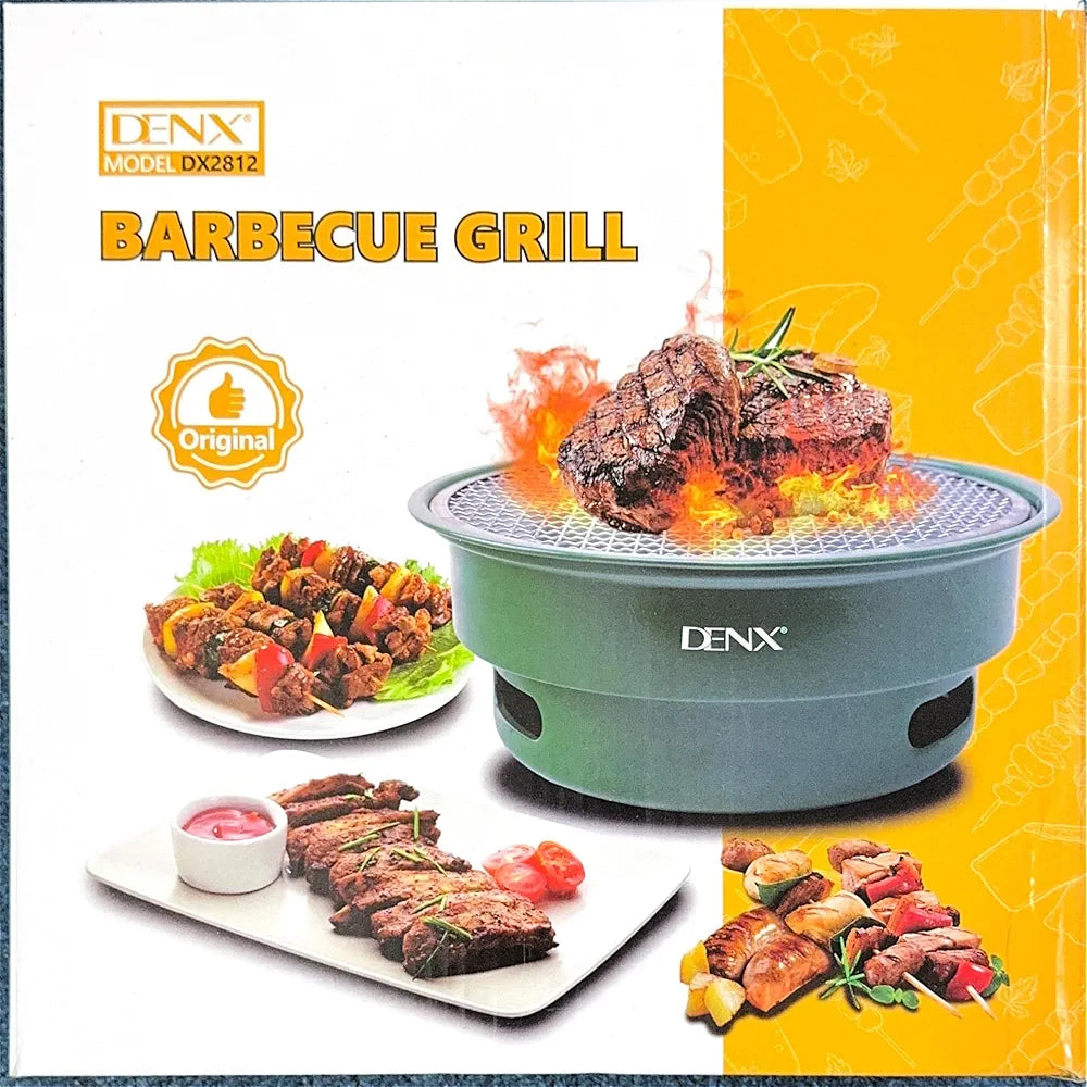 DENX Charcoal Barbecue Grill, Portable Outdoor Bbq Grill with Non Stick Surface, Removable Grease Tray, Round Compact Travel Grill for Camping, Picnic, Garden 