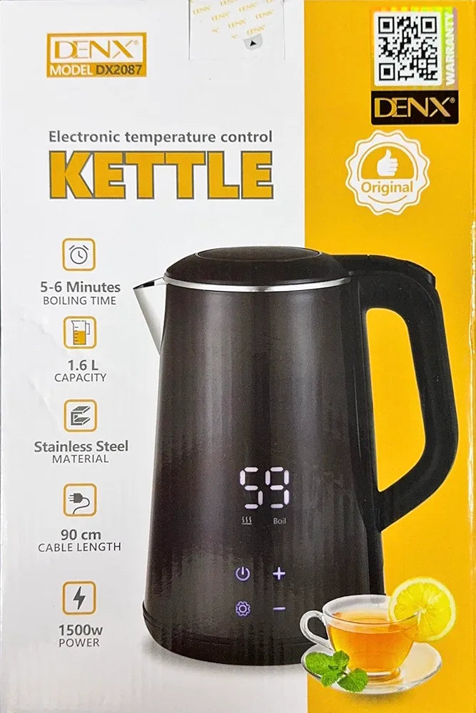 DENX Smart Electric Kettle 1.6L Stainless Steel, 1500W Fast Boil, LED Digital Touch Display, Adjustable Temperature Control, Keep Warm Function, Auto Shut-Off, For Tea, Coffee, Baby Formula, DX2087