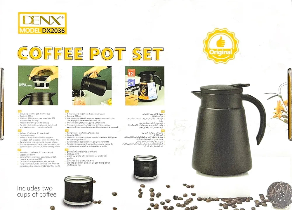 DENX Thermal Coffee Pot Set with 2 Stainless Steel Cups, 880ml Vacuum Insulated Coffee Flask, Leakproof Travel Thermos Jug for Hot & Cold Beverages, Portable Drink Dispenser for Office Camping, DX2036