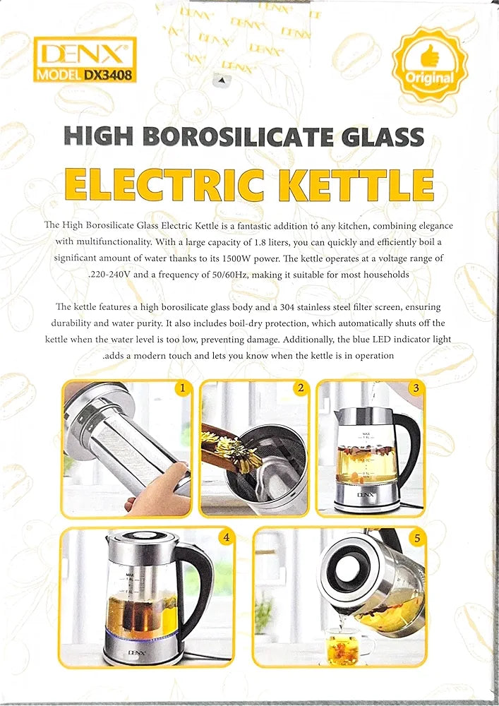 DENX Electric Glass Kettle 1.8L, 1500W Fast Boil Water Heater, Temperature Control, Auto Shut-Off, LED Light, Stainless Steel Filter, Tea Kettle, Coffee Maker, Baby Bottle Warmer, DX3408
