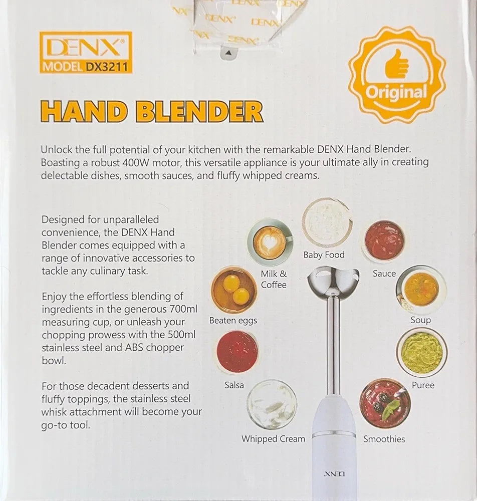 DENX 4-in-1 Electric Hand Blender, 400W Stick Blender with 500ml Food Chopper, Inox Whisk & 700ml Measuring Cup, Electric Blender & Hand Mixer with Stainless Steel Blade Use for Cake Mixer, DX3211