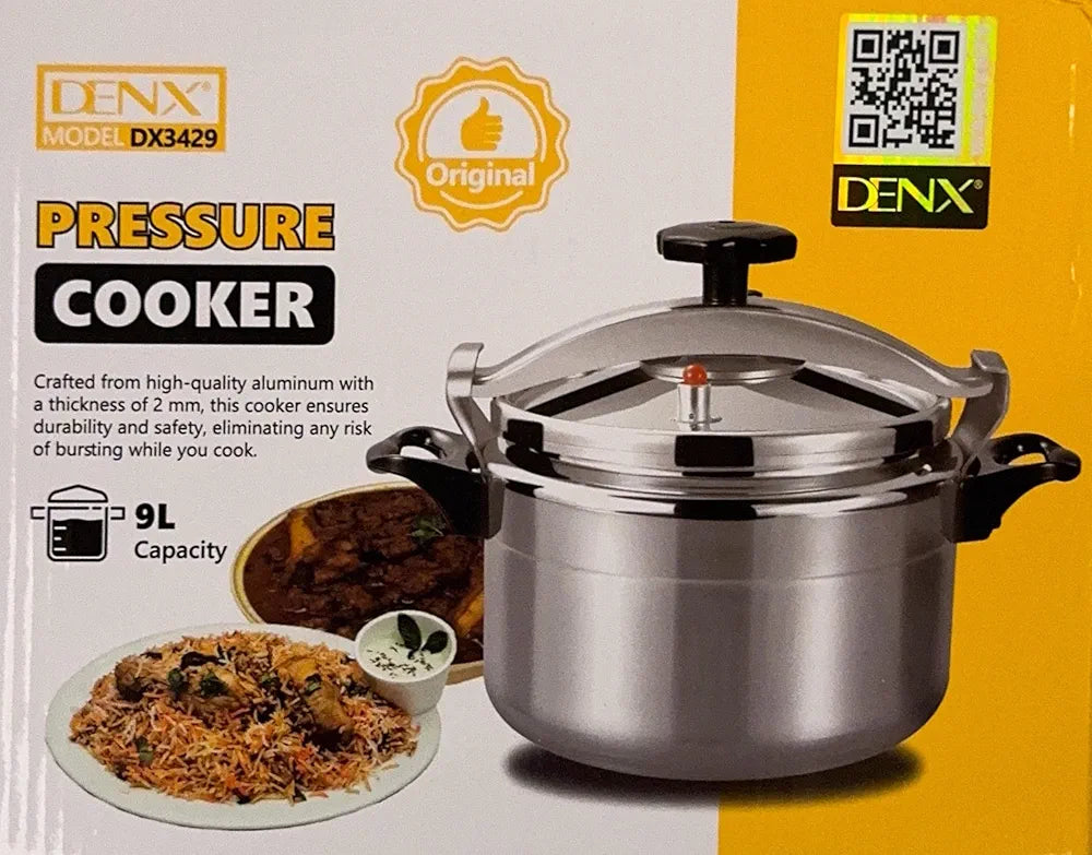 DENX 9L Aluminium Pressure Cooker, Cooking Pot with Safety Lock & Valve, Fast Manual Cooker for Stews, Meat, Vegetables, Gas, Electric Stove Compatible, Silver Cookware, DX3429