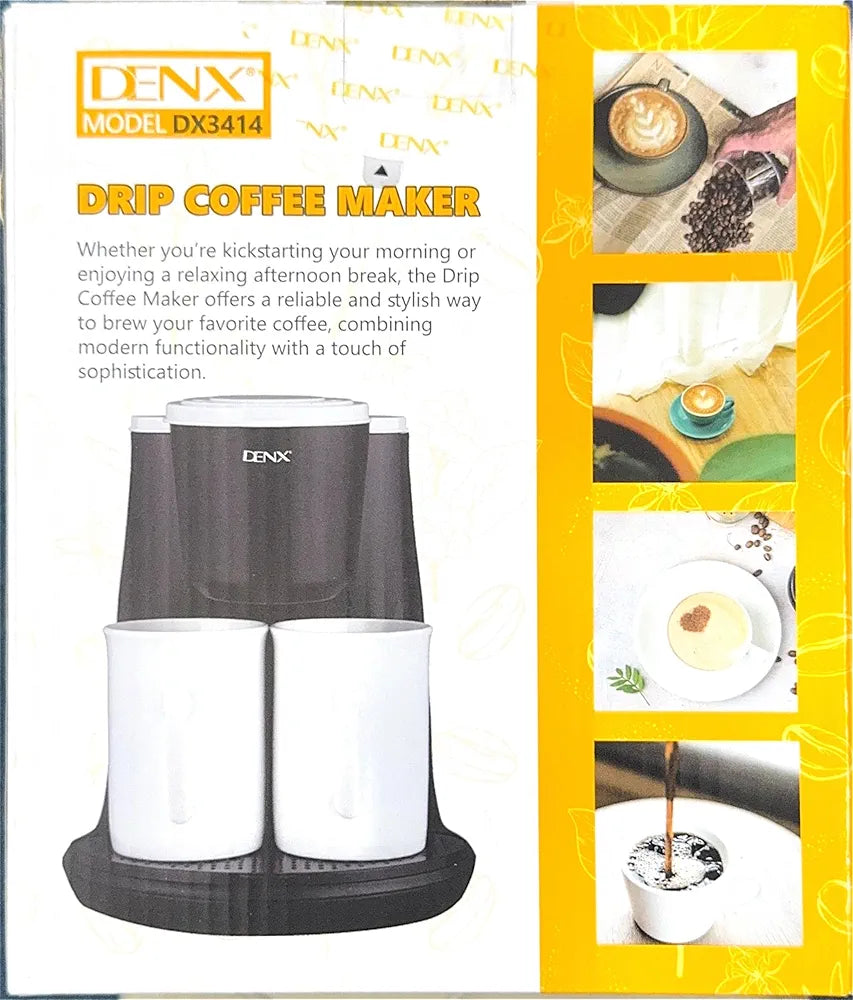 DENX Drip Coffee Maker 450W Mini Electric Coffee Machine With Filter & 2 Porcelain Cups, Compact Single Serve Coffee Brewer For Home Office Kitchen Travel, 240ml Portable Coffee Maker 230V, DX3414