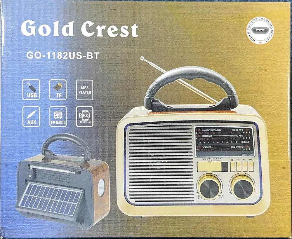 Gold Crest Old Radio Speaker Bluetooth & HIFI-Speaker with Solar Panels, Sd Card, Usb And Aux Port, Radio FM/AM/SW Brown wood Portable Audio TF Card USB Flash disk Aux playback, GO-1182US-BT