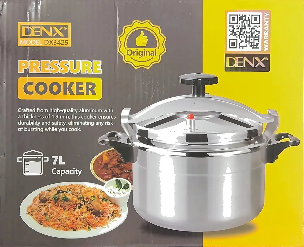 DENX 7L Aluminium Pressure Cooker, Rice Cooking Pot with Safety Lock & Valve, Fast Manual Cooker for Stews, Meat, Vegetables, Gas, Electric Stove Compatible, Silver Cookware, DX3425