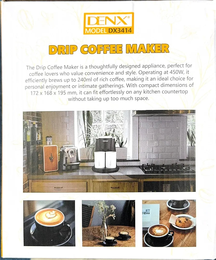 DENX Drip Coffee Maker 450W Mini Electric Coffee Machine With Filter & 2 Porcelain Cups, Compact Single Serve Coffee Brewer For Home Office Kitchen Travel, 240ml Portable Coffee Maker 230V, DX3414