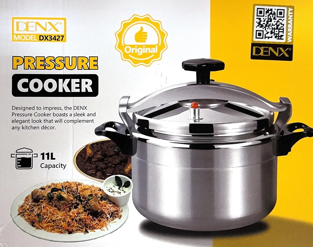 DENX 11L Aluminium Pressure Cooker, Rice Cooking Pot with Safety Lock & Valve, Fast Manual Cooker for Stews, Meat, Vegetables, Gas, Electric Stove Compatible, Silver Cookware, DX3427