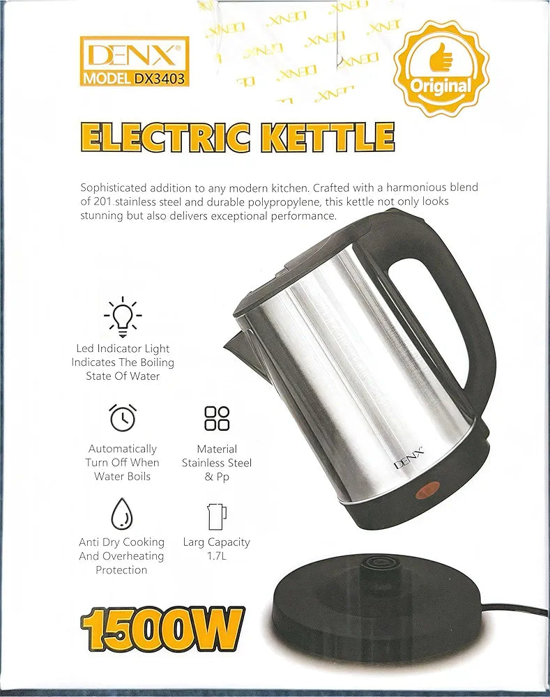 DENX 1500W 1.7L Stainless Steel Electric Kattle, Fast Boil, Tea Maker High-Speed Kettle, 360° Rotational Base, Teapot Perfect for Boiling Water, Milk, Coffee & Tea, for Home & Office Use, DX3403