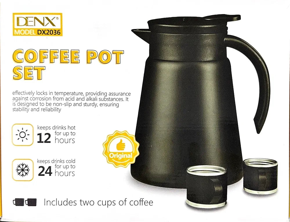 DENX Thermal Coffee Pot Set with 2 Stainless Steel Cups, 880ml Vacuum Insulated Coffee Flask, Leakproof Travel Thermos Jug for Hot & Cold Beverages, Portable Drink Dispenser for Office Camping, DX2036