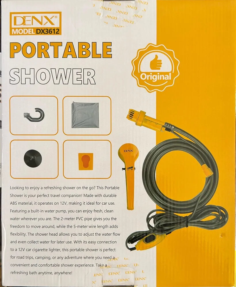 DENX Portable 12V Electric Shower Kit Outdoor for Car, Pet, Dog, Camping & Travel, Car Washing, Hiking Shower Pump, 60W High Pressure, DX3612