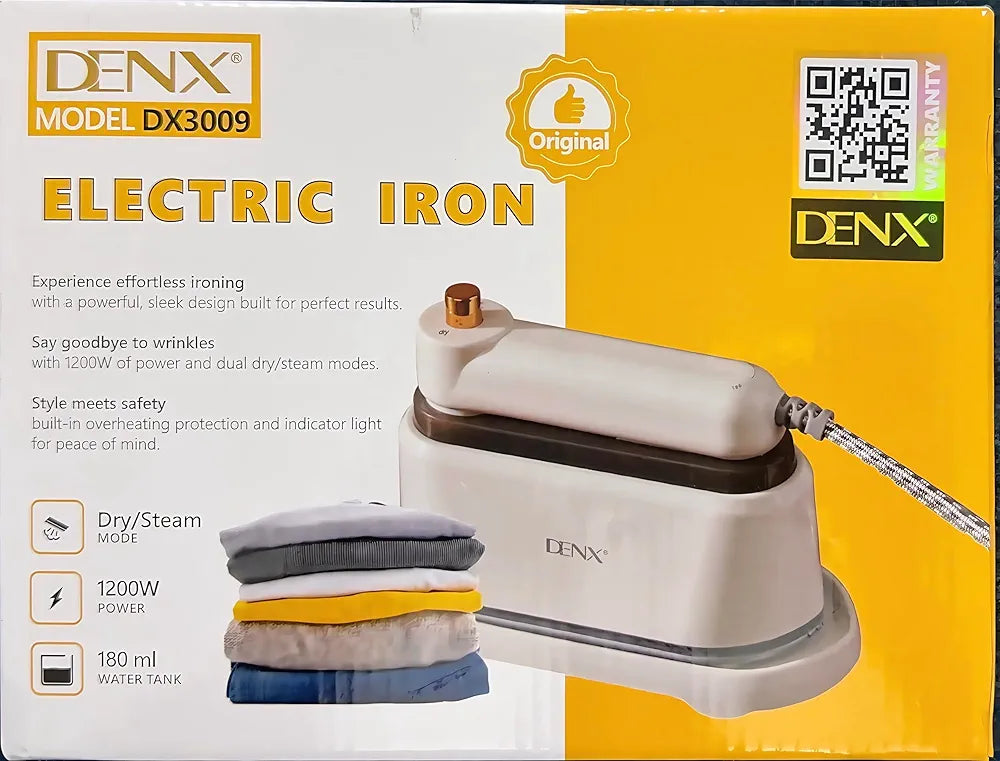 DENX Electric Steam Iron, 1200W Clothes Iron with 180ml Water Tank, 2-in-1 Dry & Steam Ironing Modes, Lightweight Fabric Steamer, Overheat Protection, Portable Garment Care Iron, DX3009