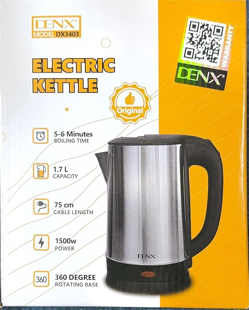 DENX 1500W 1.7L Stainless Steel Electric Kattle, Fast Boil, Tea Maker High-Speed Kettle, 360° Rotational Base, Teapot Perfect for Boiling Water, Milk, Coffee & Tea, for Home & Office Use, DX3403