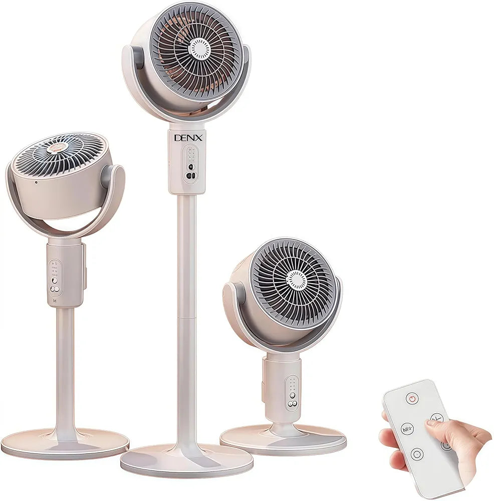 DENX Air Circulation Floor Fan with Remote, Stand Fan 3-in-1 Adjustable Height, 90° Oscillating, 5-Speed Silent Operation, Portable Desk & Pedestal Fan, USB-C Rechargeable for Home, Office, DX2607