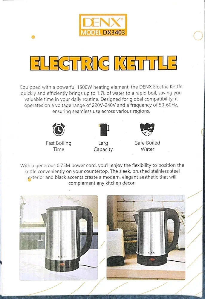 DENX 1500W 1.7L Stainless Steel Electric Kattle, Fast Boil, Tea Maker High-Speed Kettle, 360° Rotational Base, Teapot Perfect for Boiling Water, Milk, Coffee & Tea, for Home & Office Use, DX3403