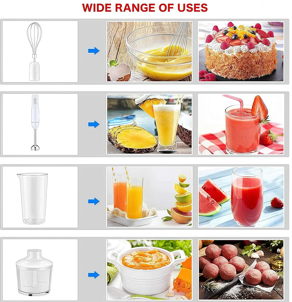 DENX 4-in-1 Electric Hand Blender, 400W Stick Blender with 500ml Food Chopper, Inox Whisk & 700ml Measuring Cup, Electric Blender & Hand Mixer with Stainless Steel Blade Use for Cake Mixer, DX3211
