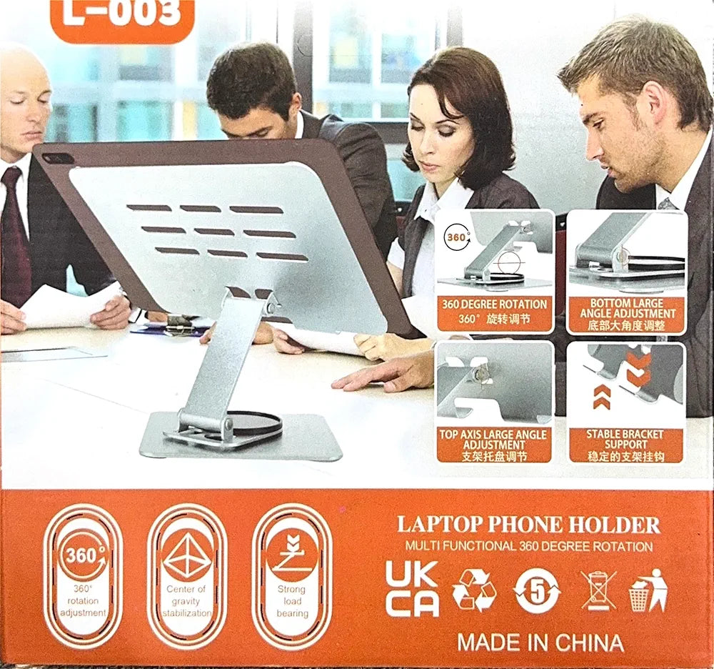 Laptop Stand & Phone Holder, Adjustable Foldable Laptop Riser with 360° Rotation, Ergonomic Stand for Laptops 10-17", Tablet Stand for iPad, Mobile, Kindle, MacBook, Universal Holder, L-003 